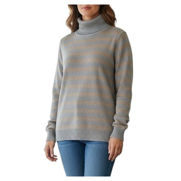 J. Crew Turtleneck Sweater Cotton Metallic Gold Silver Striped Size Large NEW - Picture 1 of 9